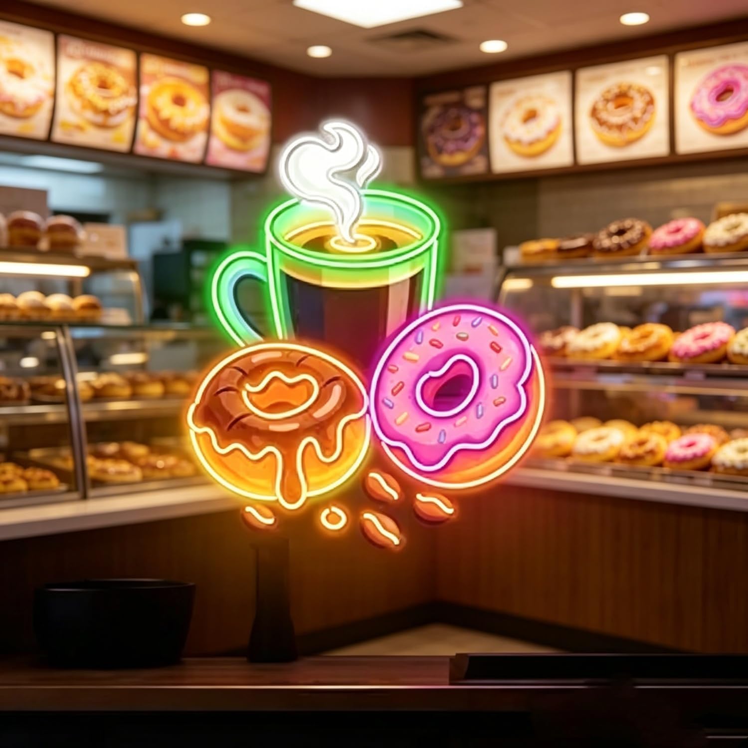 Commercial Kitchen Light - ป้ายไฟนีออนรูปโดนัท ใช้พลังงาน USB สำหรับตกแต่งผนังร้านกาแฟ เบเกอรี่ คาเฟ่