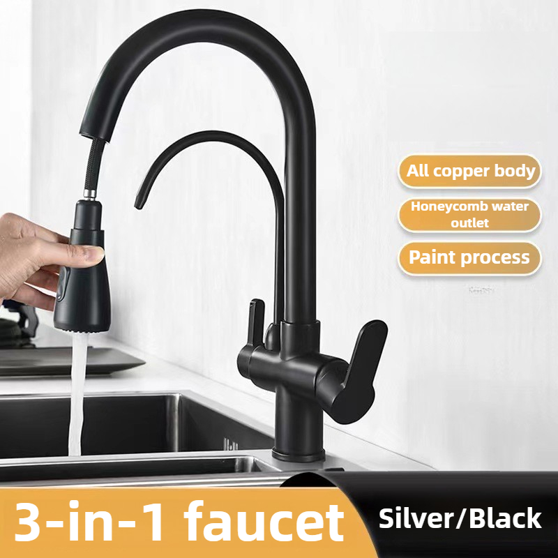 Commercial Kitchen Water Filter - ก๊อกน้ำสำหรับครัวเชิงพาณิชย์พร้อมหัวฉีดแบบดึงลงสองฟังก์ชั่น, ก๊อกน้ำกรองน้ำ 3 in 1, ก๊อกผสมพร้อมสายยาง