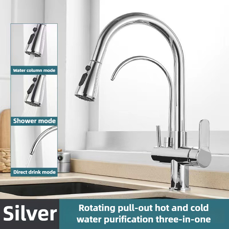 Commercial Kitchen Water Filter - ก๊อกน้ำห้องครัวเชิงพาณิชย์พร้อมหัวฉีดแบบดึงลงได้สองฟังก์ชั่น, ก๊อกน้ำกรองน้ำ 3 in 1, ก๊อกผสมพร้อมสายยาง