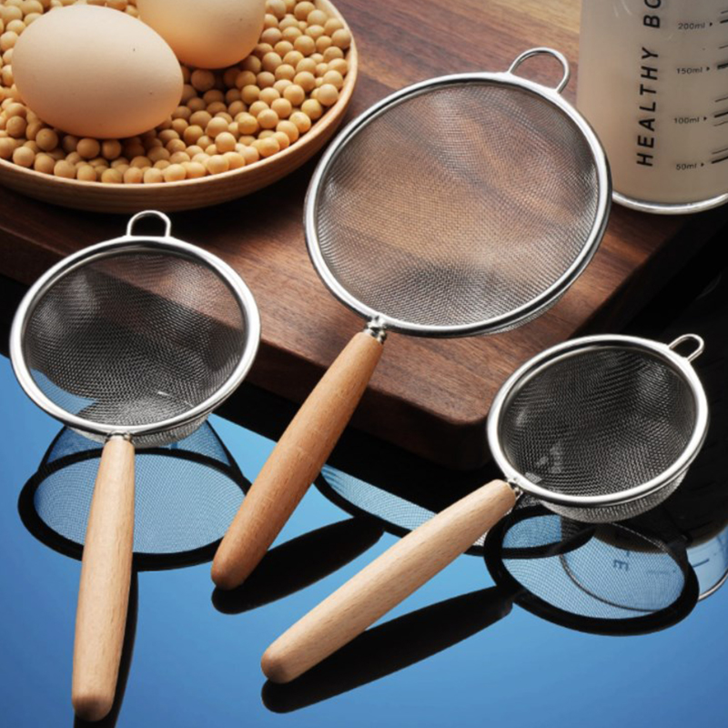 Commercial Kitchen Oil Filter - ที่กรองน้ำมันสแตนเลสขนาดเล็กพร้อมด้ามจับไม้ ตะแกรงกรองละเอียดอเนกประสงค์ ตะแกรงกรองแป้ง อุปกรณ์ทำขนมในครัว