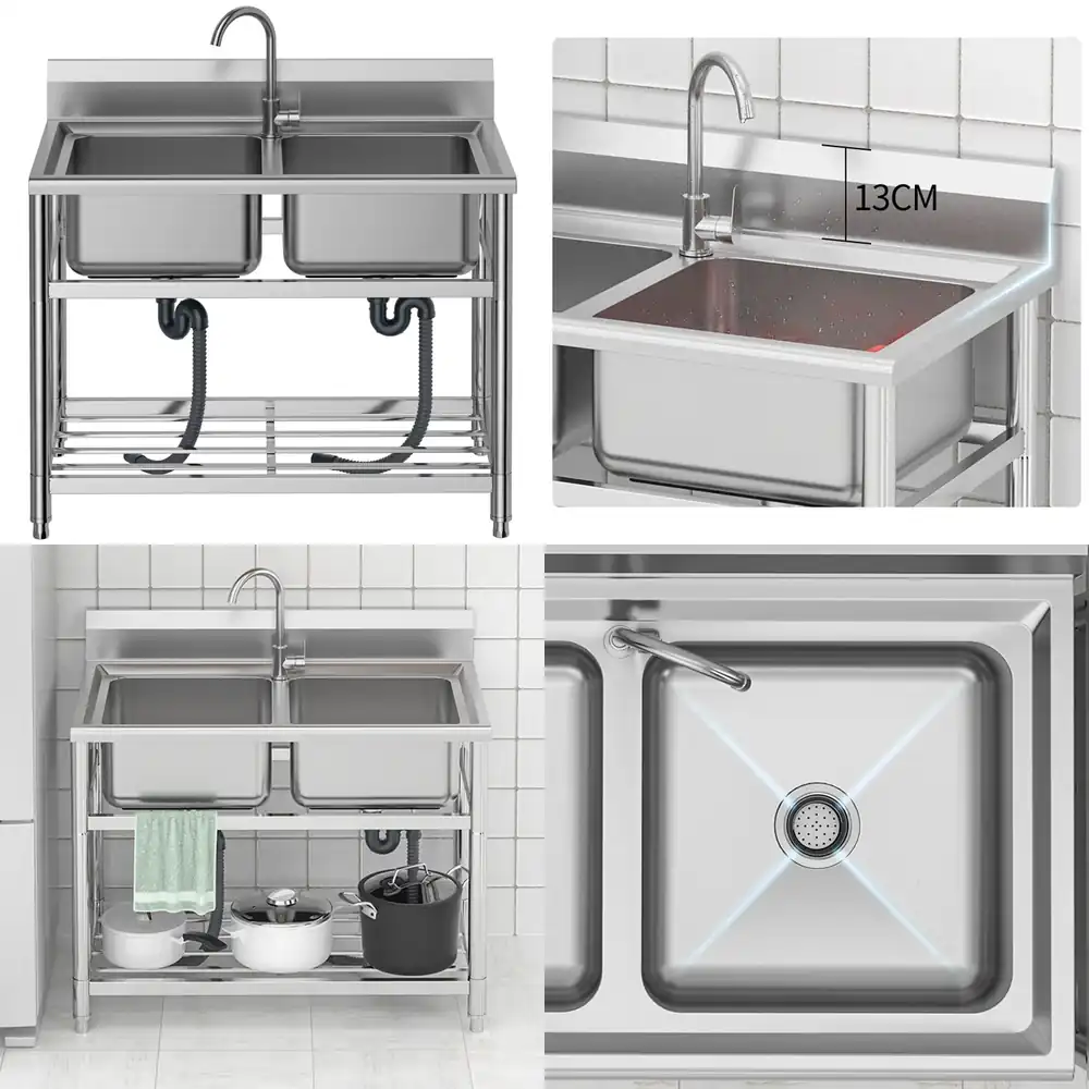 Commercial Kitchen Double Sink - อ่างล้างจานสแตนเลสสำหรับร้านอาหาร ปี 2026 อ่างล้างมือเชิงพาณิชย์แบบช่องเดียว ช่องคู่ พร้อมขายึด