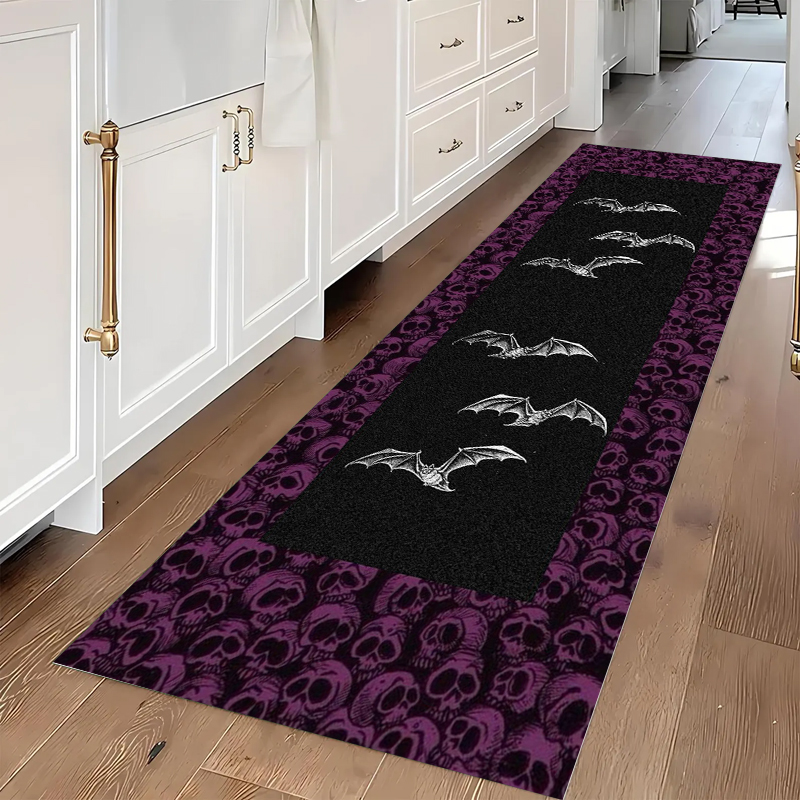 Commercial Kitchen Non Slip Flooring - พรมปูพื้นลายหัวกะโหลกและค้างคาวสไตล์โกธิค กันลื่น ซักได้ ใช้ปูพื้นและเช็ดเท้า สำหรับห้องโถง ห้องครัว