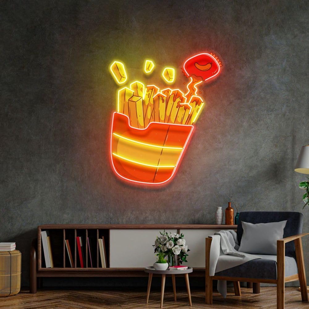 Commercial Kitchen Light - ปากการูปหัวใจเฟรนช์ฟรายส์แบบสั่งทำสำหรับเครื่องตกแต่งฝาผนังอาหาร LED แสงนีออนสำหรับตกแต่งบ้านบาร์ห้องครัวร้านอาหารขนาด37*32ซม.