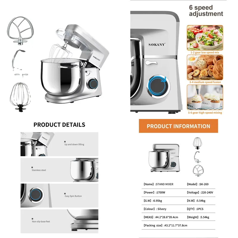 Dough Mixer Machine - เครื่องนวดแป้งคุณภาพสูง Sokany 269 เครื่องผสมอาหารขนาดเล็ก เครื่องผสมอาหารแบบตั้งโต๊ะ