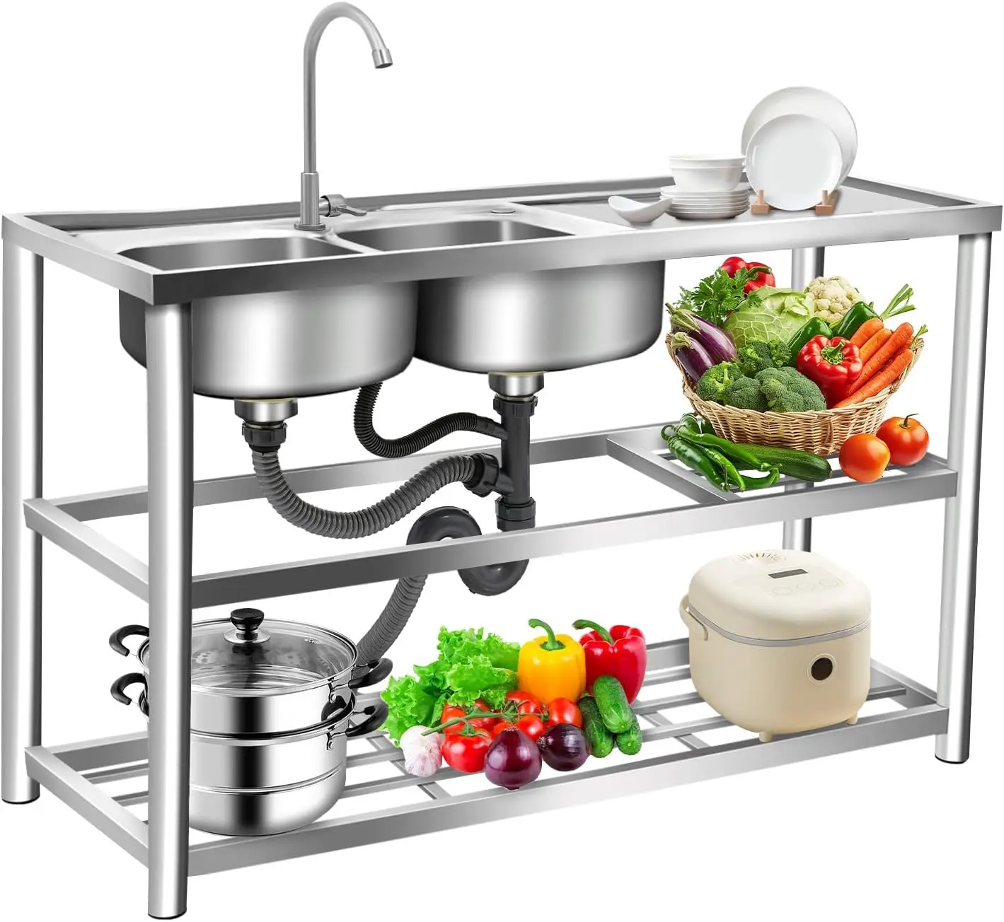 อ่างล้างจานสแตนเลสแบบตั้งพื้น  - Commercial Kitchen Double Sink บทวิจารณ์และราคา